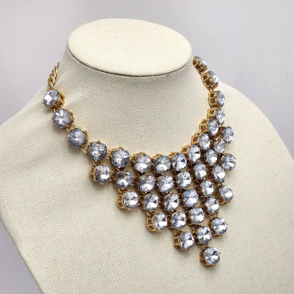 BaubleBar Vintage Large Jewel Light Blue Bib Statement Necklace 13" Gold Chain - Picture 2 of 6
